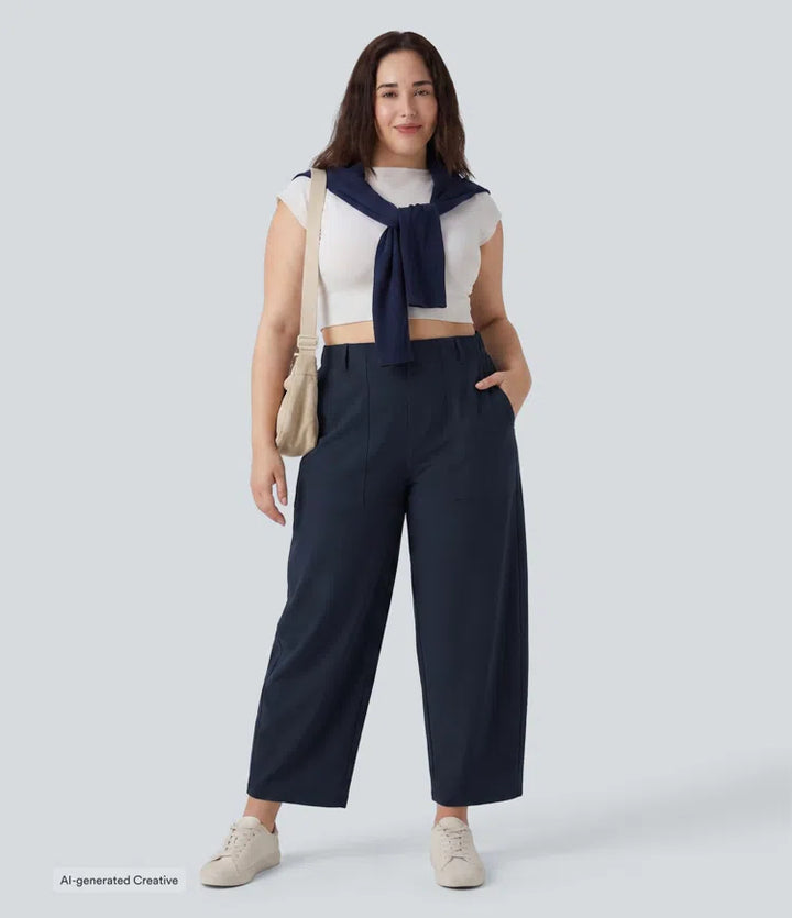 Plus Size DayStretch High Waisted Barrel Leg Casual Trousers with Pockets