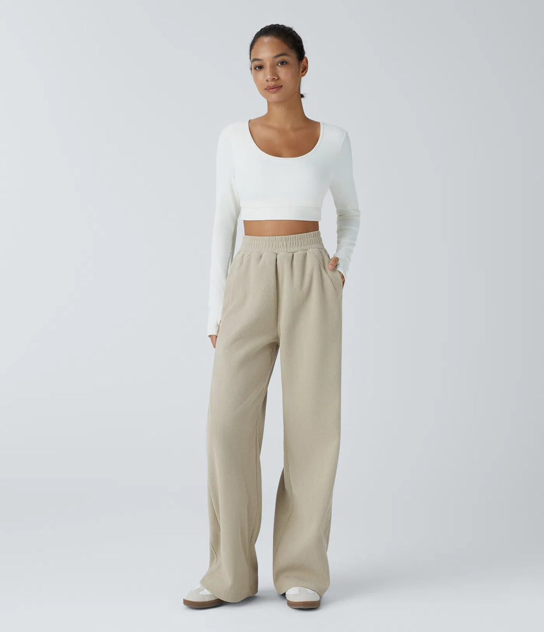 High Waisted Pocket Straight Leg Mop Corduroy Casual Trousers