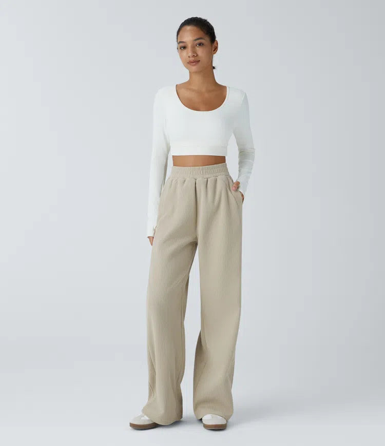 High Waisted Pocket Straight Leg Mop Corduroy Casual Trousers