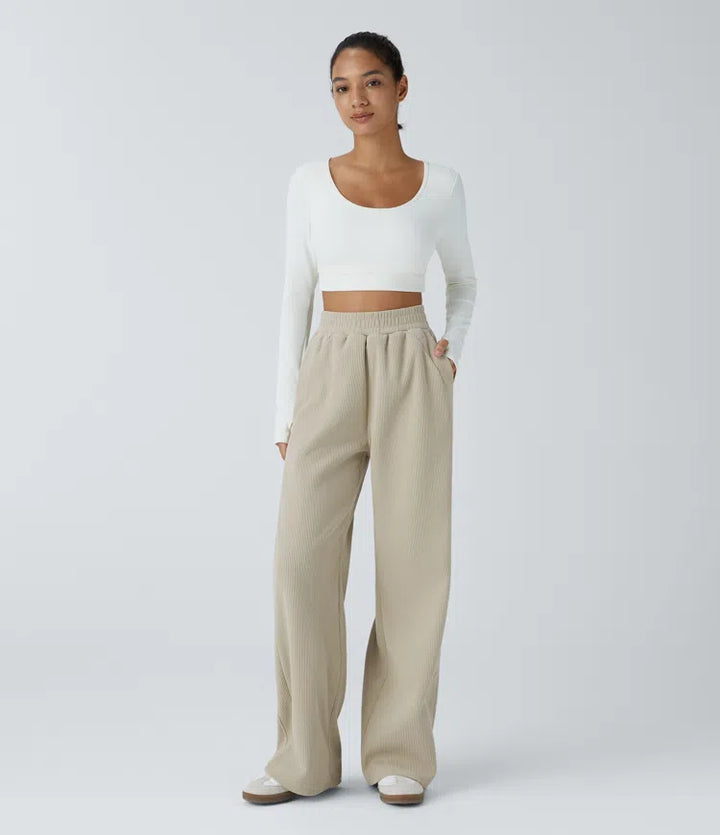 High Waisted Pocket Straight Leg Mop Corduroy Casual Trousers