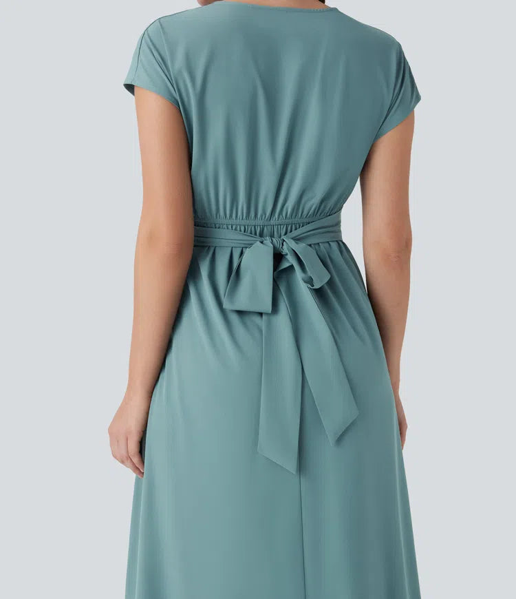 Breezeful V Neck Short Sleeve Pocket Tie Back Quick Dry Midi Casual Dress