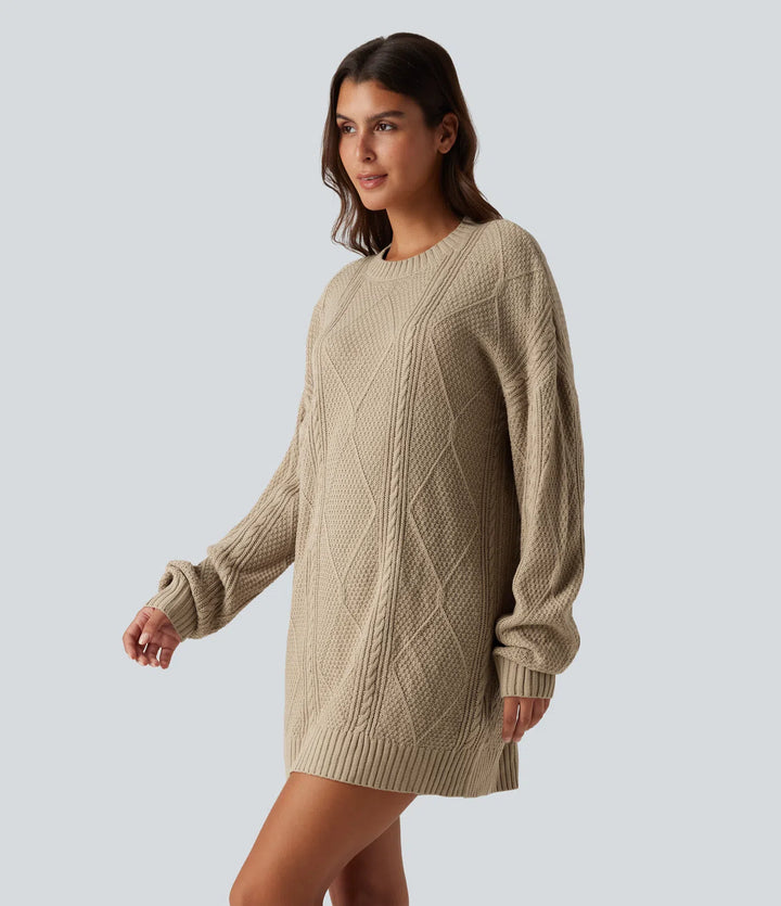 Round Neck Long Sleeve Cable Knit Mini Casual Jumper Dress