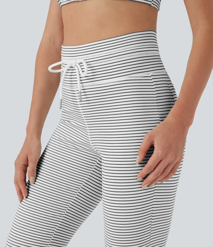 High Waisted Drawstring Stripe Flared Yoga Trousers with Pockets