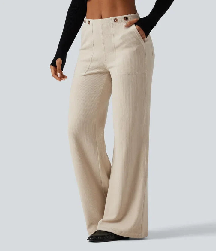 Mid Rise Wide Leg Corduroy Casual Trousers with Pockets
