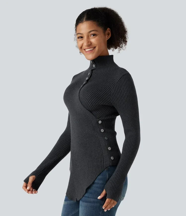 Ribbed Knit High Neck Long Sleeve Thumb Hole Crossover Hem Slim Work Jumper