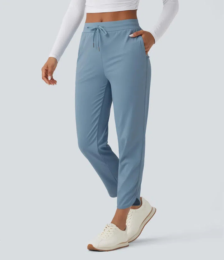 Mid Rise Drawstring Curved Hem Quick Dry Golf Tapered Trousers with Pockets-UPF40+
