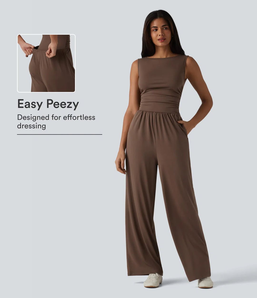 Boat Neck Sleeveless Ruched Wide Leg Casual Dungarees with Pockets-Easy Peezy Edition