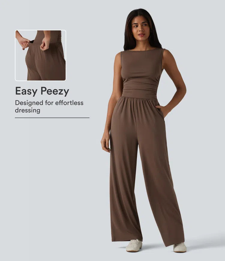 Boat Neck Sleeveless Ruched Wide Leg Casual Dungarees with Pockets-Easy Peezy Edition