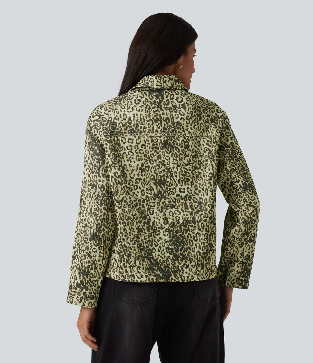 Long Sleeve Zipper Leopard Print Casual Jacket with Pockets