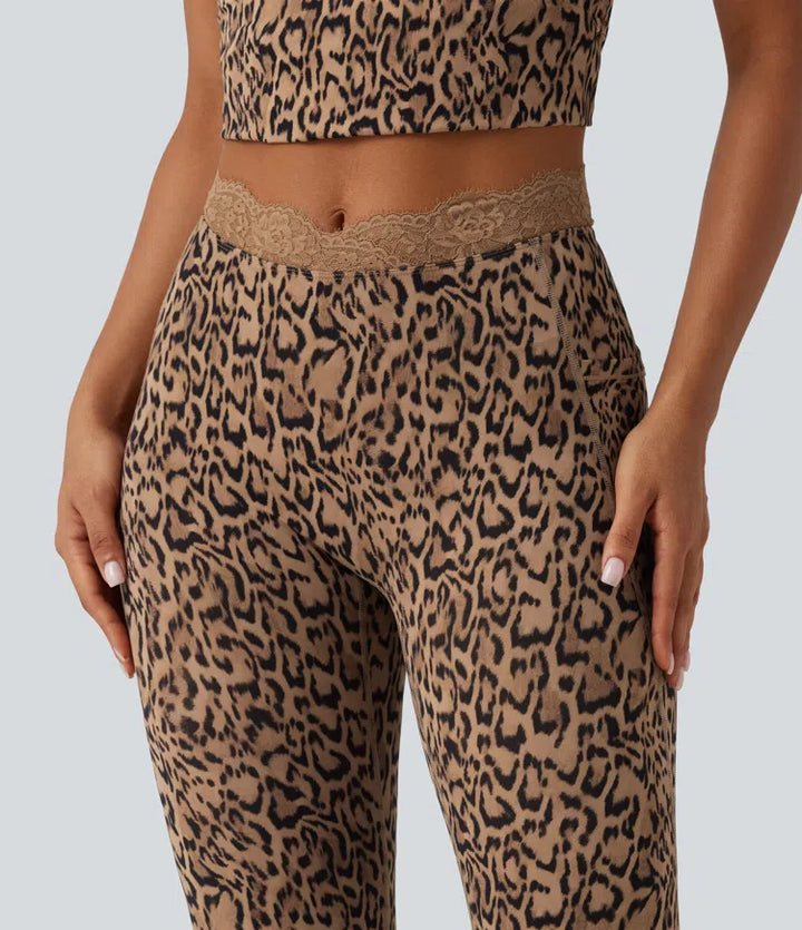 Halara UltraSculpt Leopard Print V-Shaped High Waisted Contrast Lace Yoga Flare Leggings with Pockets