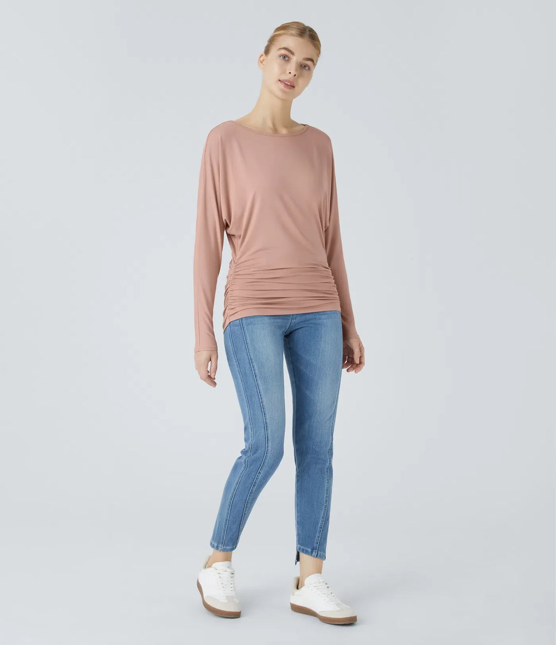 Boat Neck Long Sleeve Ruched Casual Top