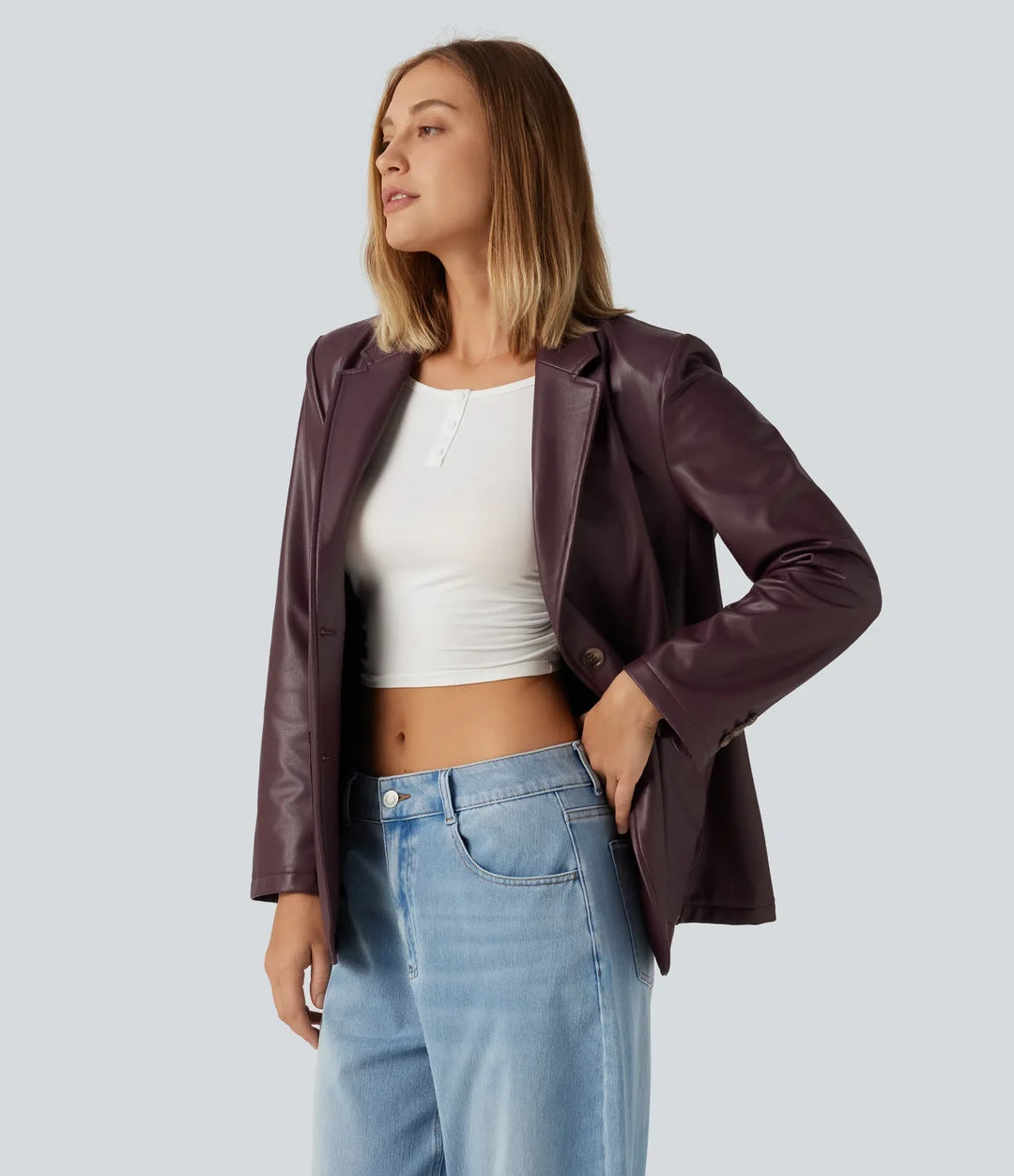 Notched Collar Long Sleeve PU Casual Blazer with Pockets