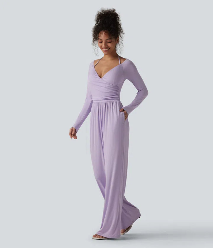 Ribbed Halter Tie Back Off Shoulder Built-in Bra Long Sleeve Casual Jumpsuit with Pockets