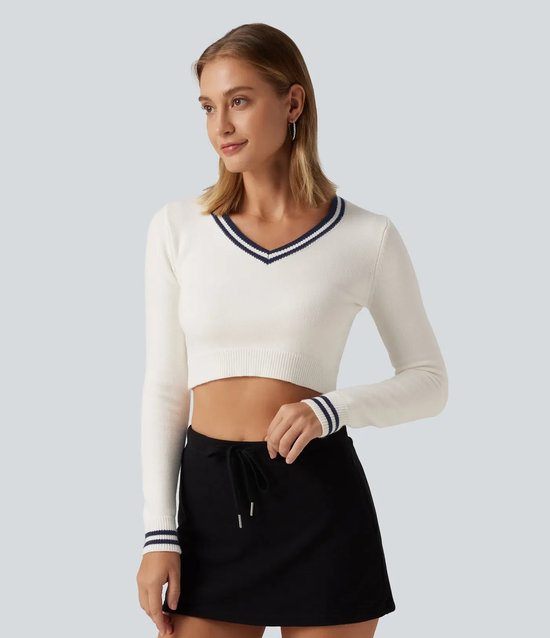 V Neck Slim Long Sleeve Patterned Casual Cropped Jumper
