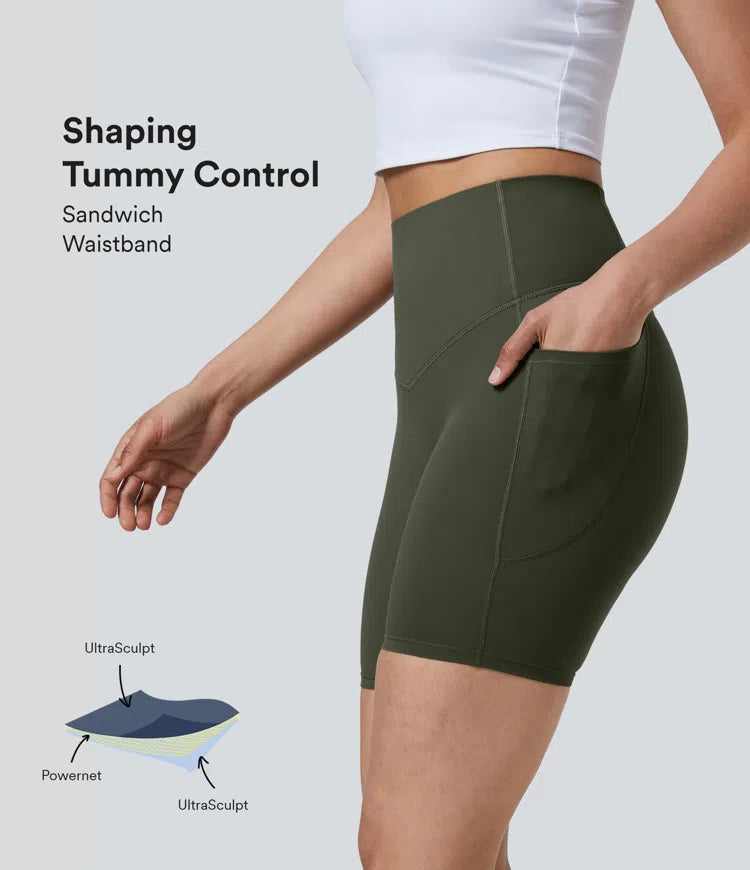 Halara UltraSculpt High Waisted Tummy Control Pocket Shaping Training Biker Shorts 7&