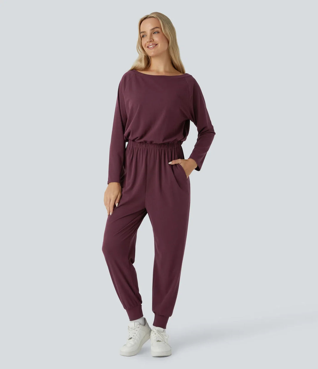 Off Shoulder Long Sleeve Pocket Waffle Casual Jumpsuit