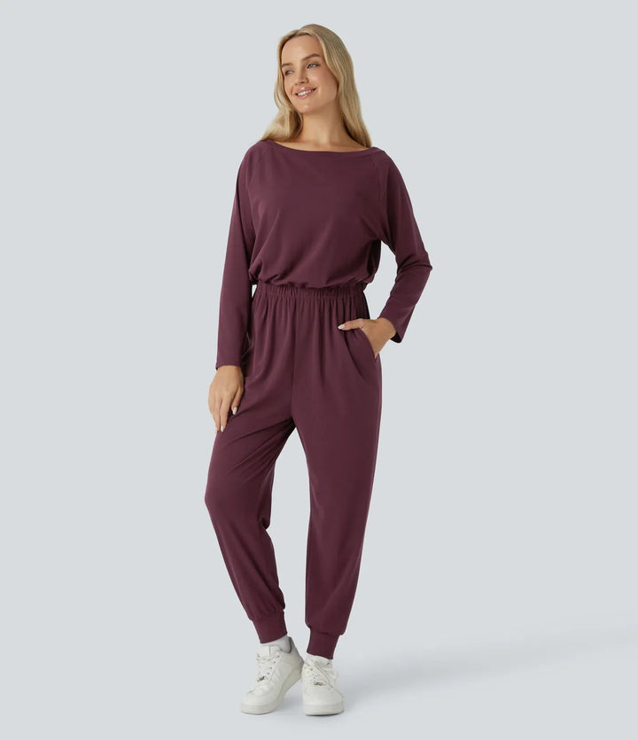 Off Shoulder Long Sleeve Pocket Waffle Casual Jumpsuit