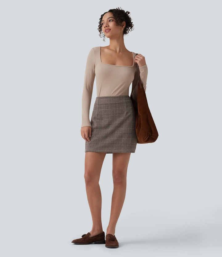 High Waisted 2-in-1 Houndstooth Plaid Mini Work Skirt-Longer Length