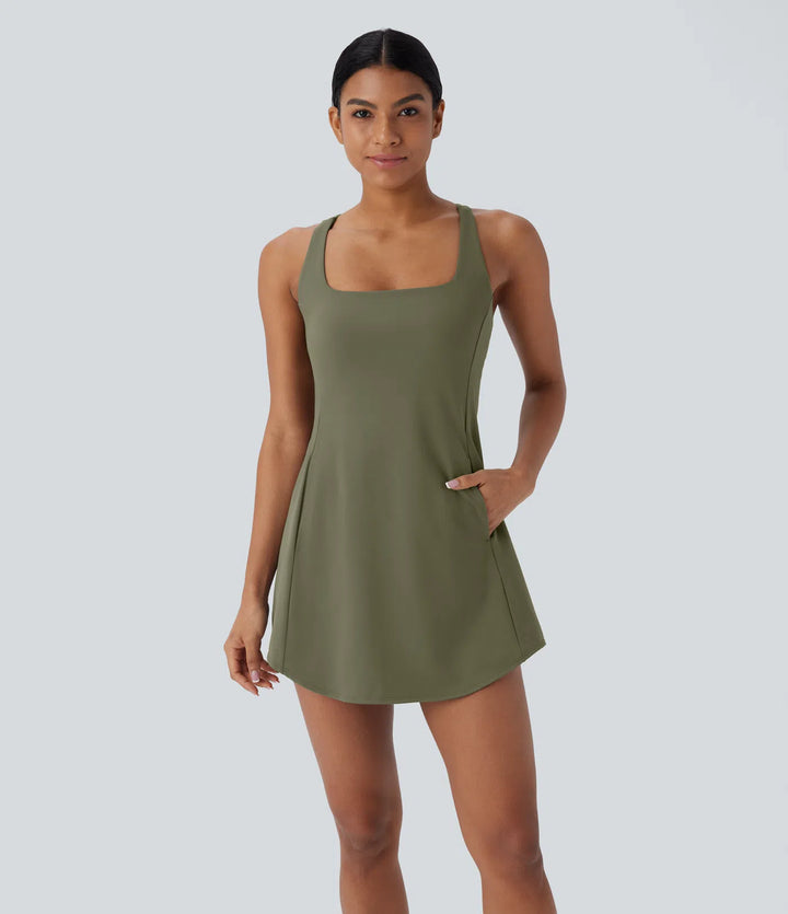 SoftlyZero Plush Cut Out Pocket 2-Piece Mini Yoga Active Dress