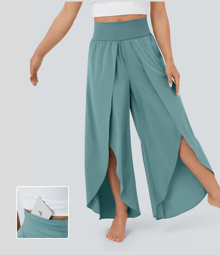 Breezeful High Waisted Back Waistband Pocket Palazzo Flowy Wide Leg Quick Dry Casual Trousers