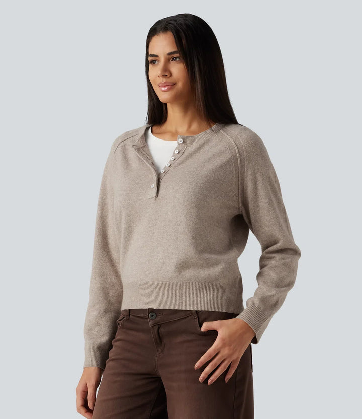 Henley Neck Long Sleeve Casual Jumper
