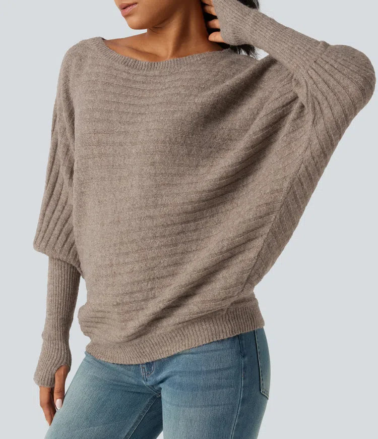 Boat Neck Batwing Long Sleeve Thumb Hole Casual Wool-Blend Jumper