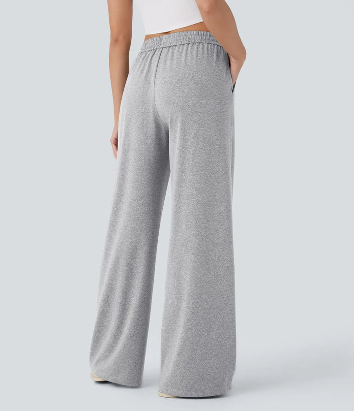 High Waisted Drawstring Pocket Wide Leg Baggy Casual Trousers