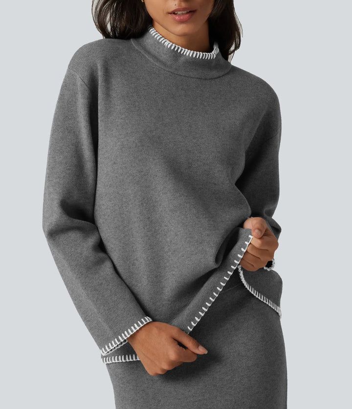 Stand Collar Long Sleeve Crochet Work Jumper