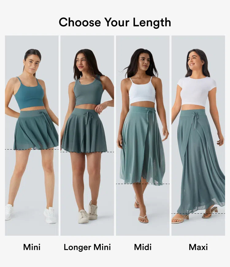 High Waisted Drawstring Contrast Mesh 2-in-1 Pocket Flowy Mini Flare Casual Skirt-Longer Length
