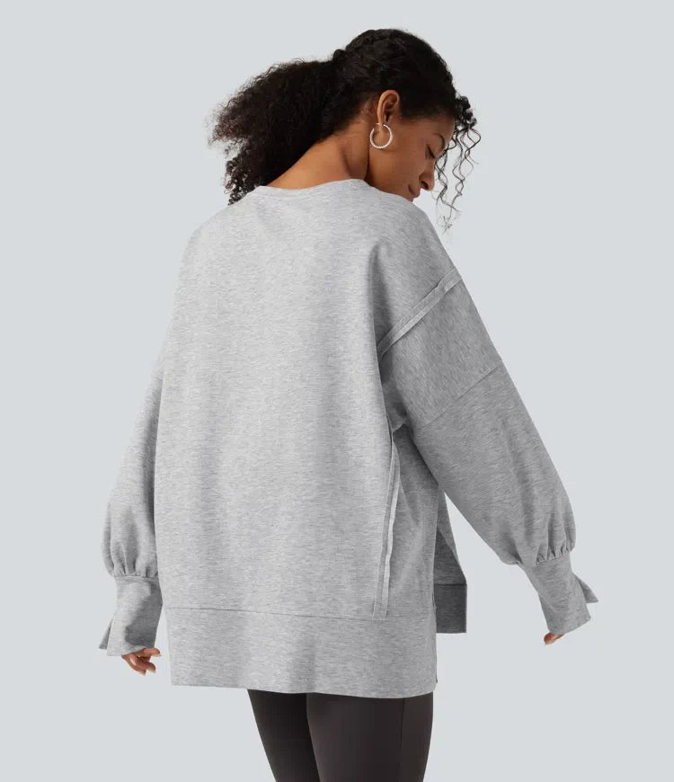 Round Neck Dropped Long Sleeve Slit Hem Casual Sweatshirt