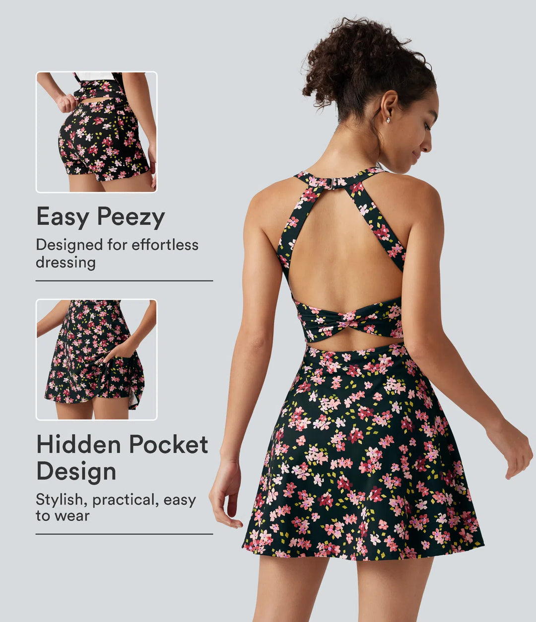 Built-in Bra 2-in-1 Ditsy Floral Mini Dance Active Dress with Pockets-Easy Peezy Edition