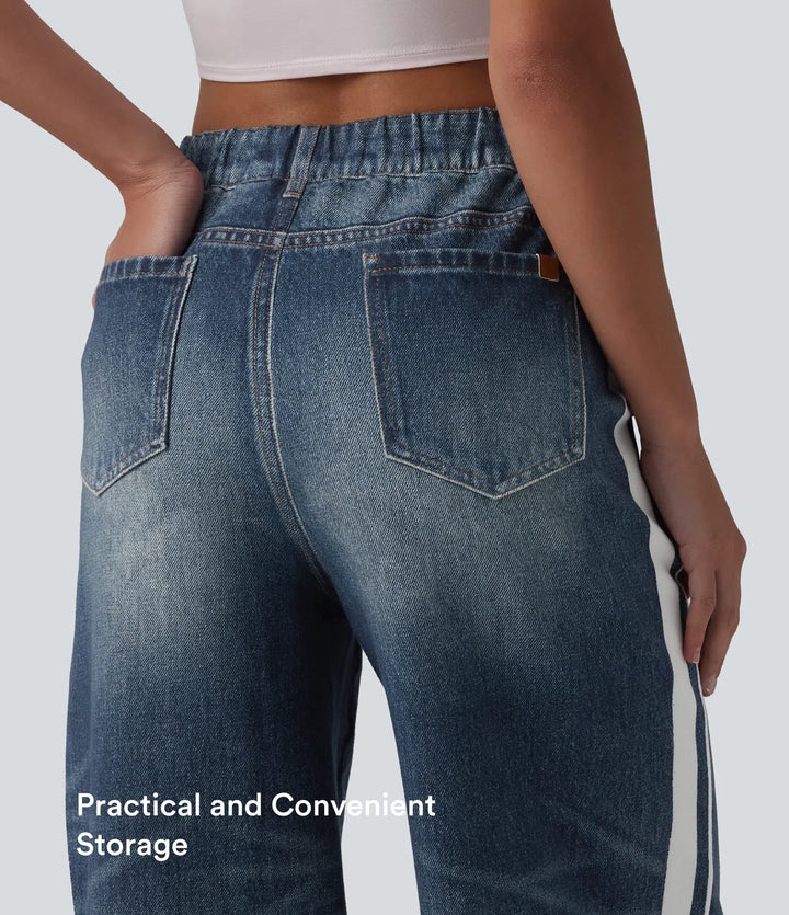 Mid Rise Denim Print French Terry Stripe Casual Sweattrousers Jeans with Pockets