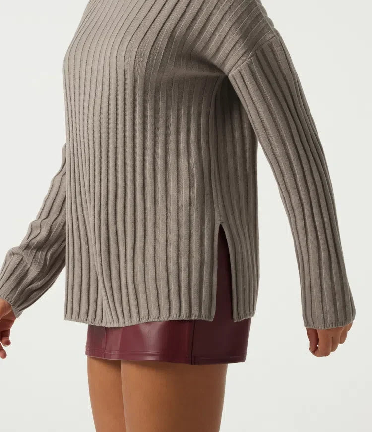 Ribbed Knit High Neck Dropped Long Sleeve Work Jumper