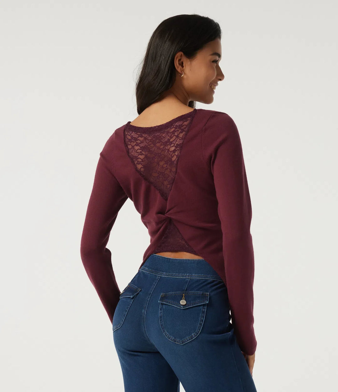 Boat Neck Long Sleeve Contrast Lace Cut Out Back Casual Jumper