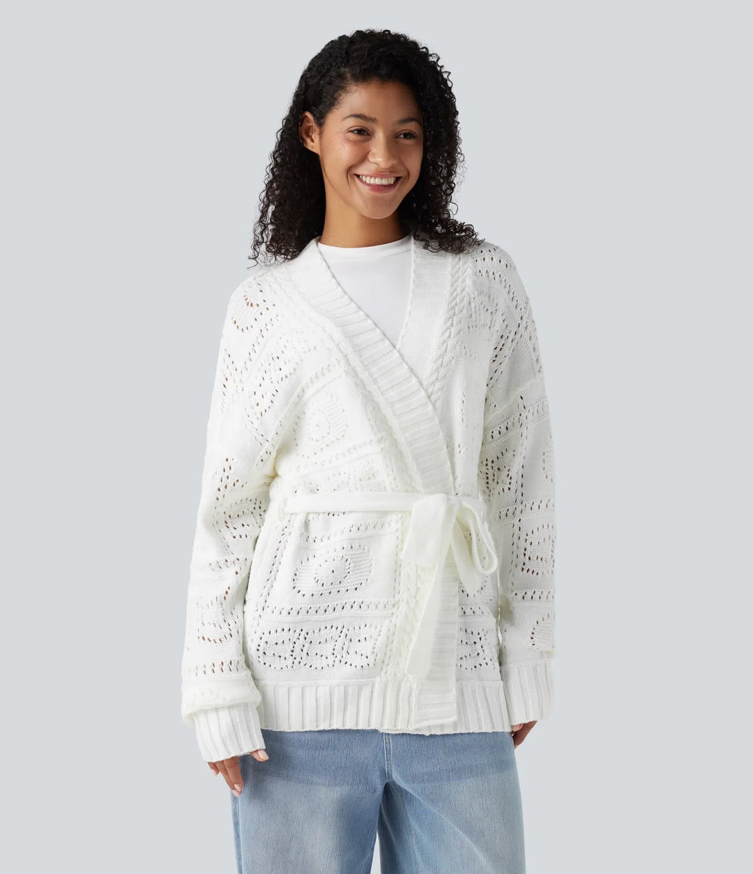 Open Front Long Sleeve Belted Jumper Knit Casual Cardigan