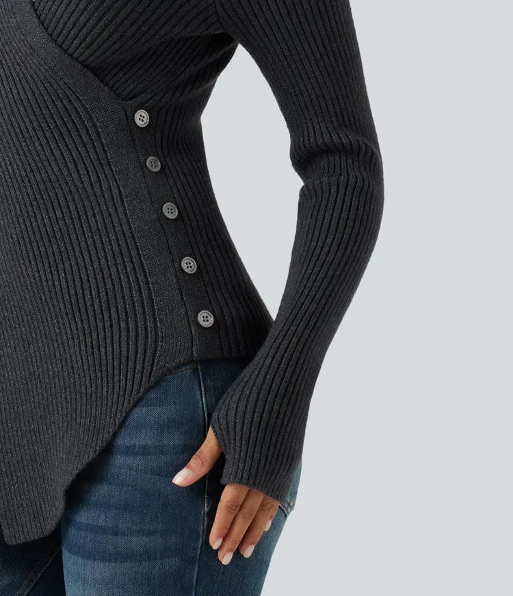 Ribbed Knit High Neck Long Sleeve Thumb Hole Crossover Hem Slim Work Jumper