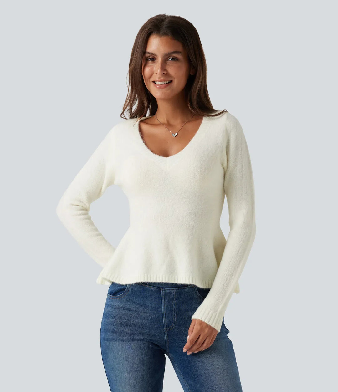 V Neck Long Sleeve Ruffle Hem Slim Casual Jumper