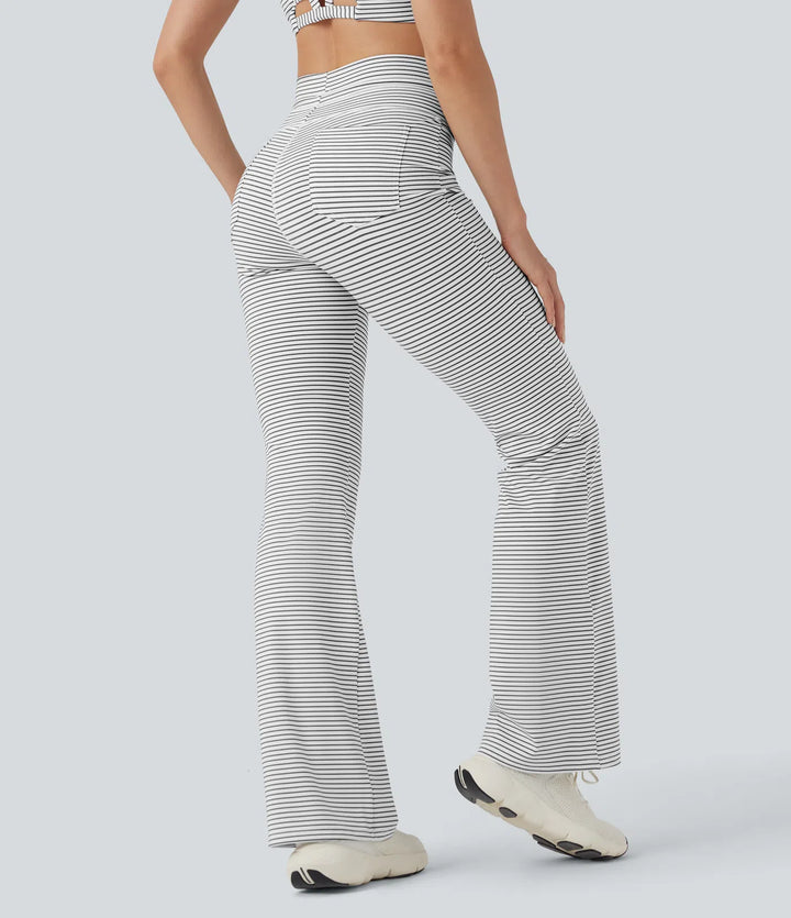 High Waisted Drawstring Stripe Flared Yoga Trousers with Pockets
