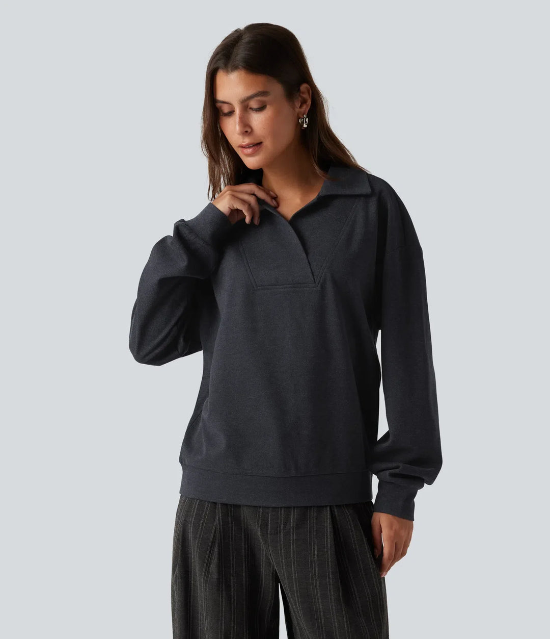 V Neck Dropped Shoulder Long Sleeve Casual Sweatshirt