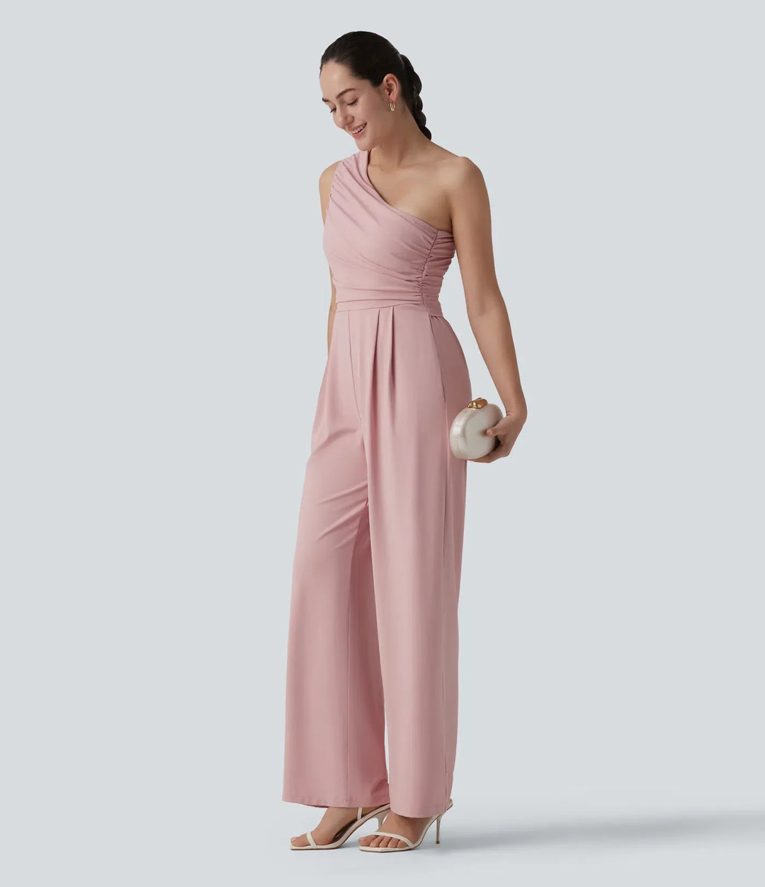 One-shoulder Sleeveless Ruched Built-in Bra Casual Jumpsuit with Pockets-Easy Peezy