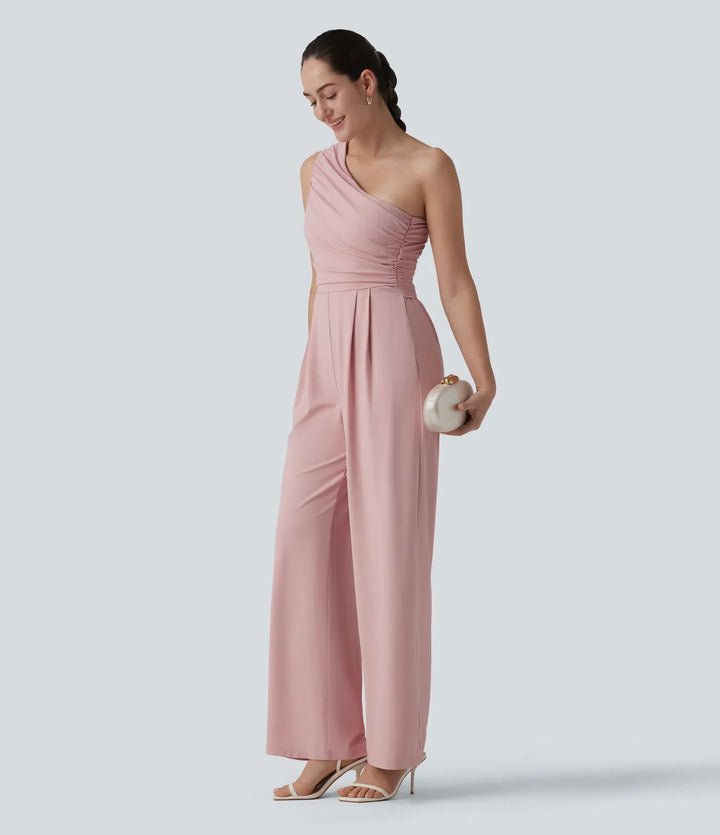 One-shoulder Sleeveless Ruched Built-in Bra Casual Jumpsuit with Pockets-Easy Peezy