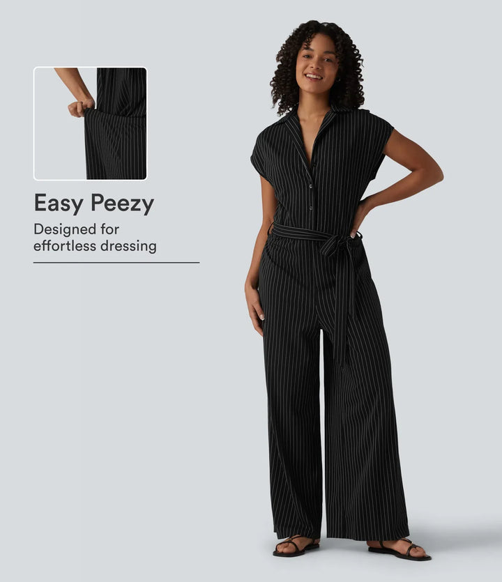 Short Sleeve Belted Stripe InstantCool Work Shirt Jumpsuit with Pockets-Easy Peezy Edition