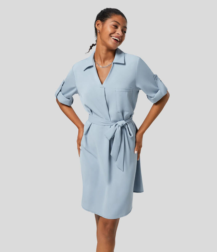 Collared Roll Up Sleeve Belted Relaxed Work Shirt Dress