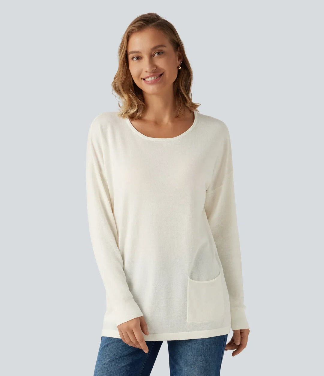 Round Neck Long Sleeve Casual Jumper with Pockets