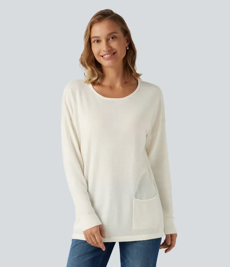 Round Neck Long Sleeve Casual Jumper with Pockets