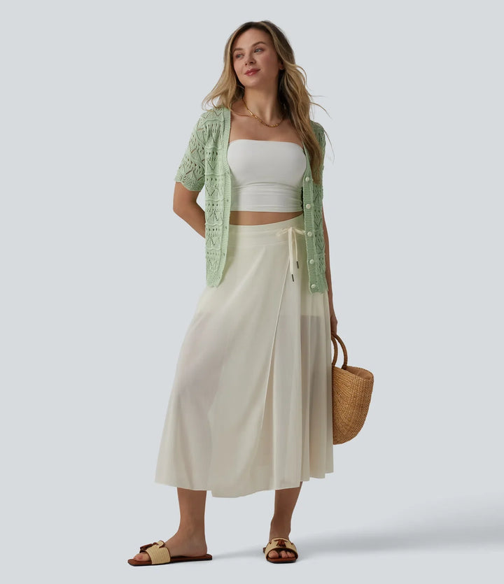 V-neck Short Sleeve Scallop Hem Crochet Resort Cardigan