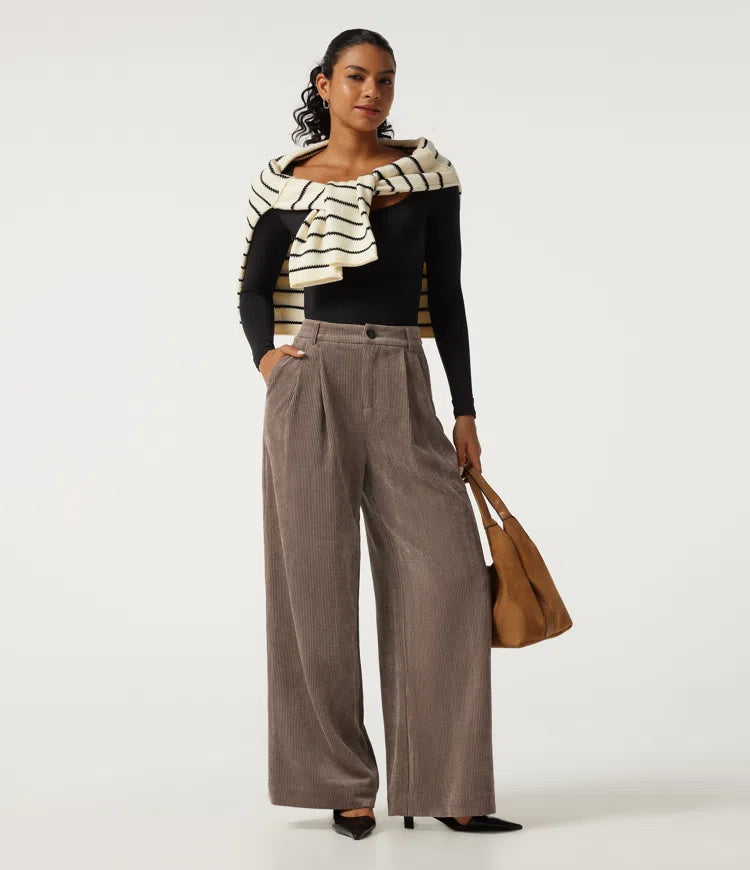 High Waisted Wide Leg Corduroy Work Trousers with Pockets
