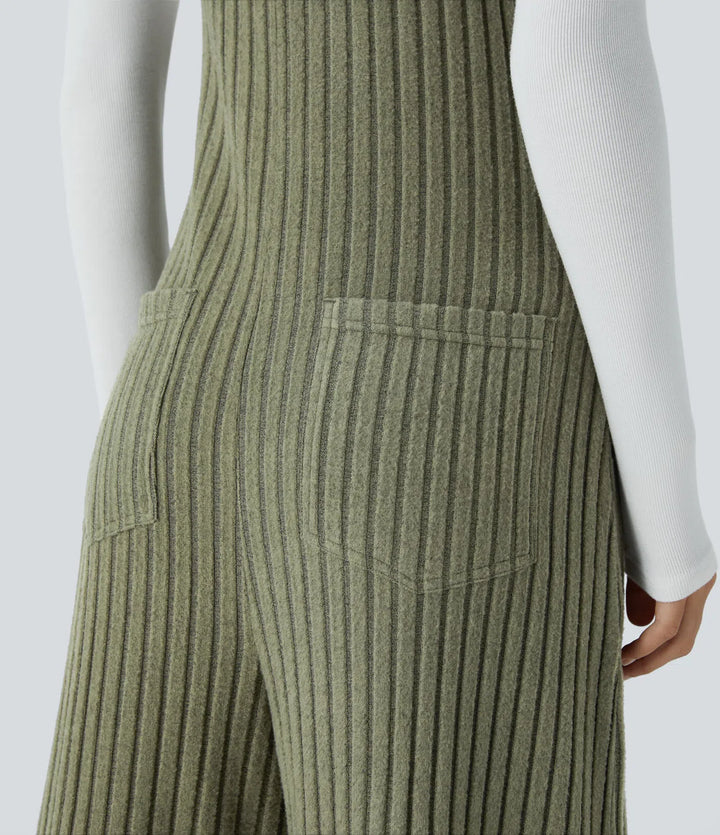 Ribbed Knit Pockets Fleece Casual Dungarees