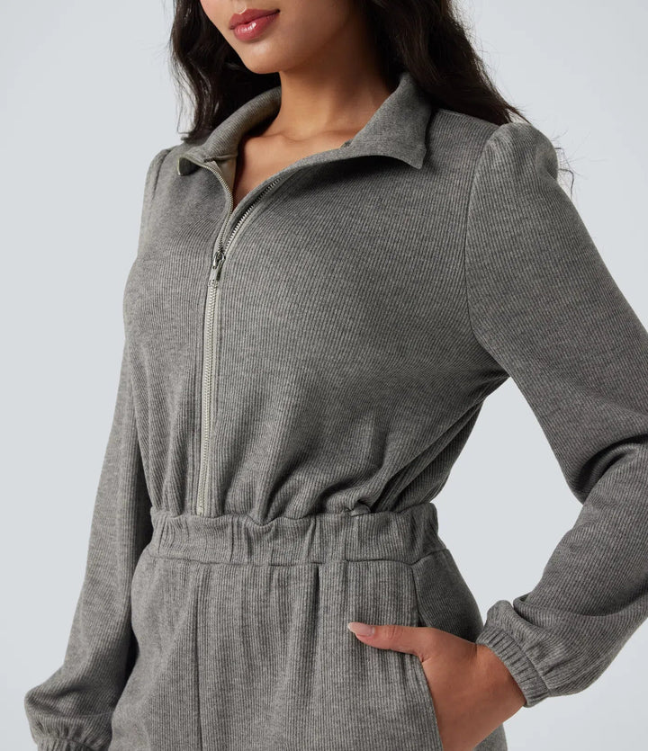 Half Zip Long Sleeve Wide Leg Casual Jumpsuit with Pockets-Easy Peezy Edition