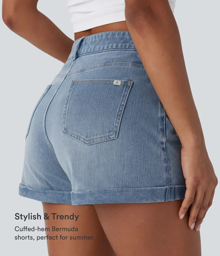 Halara Flex Mid Rise Zipper Pockets Denim Casual Shorts 3&